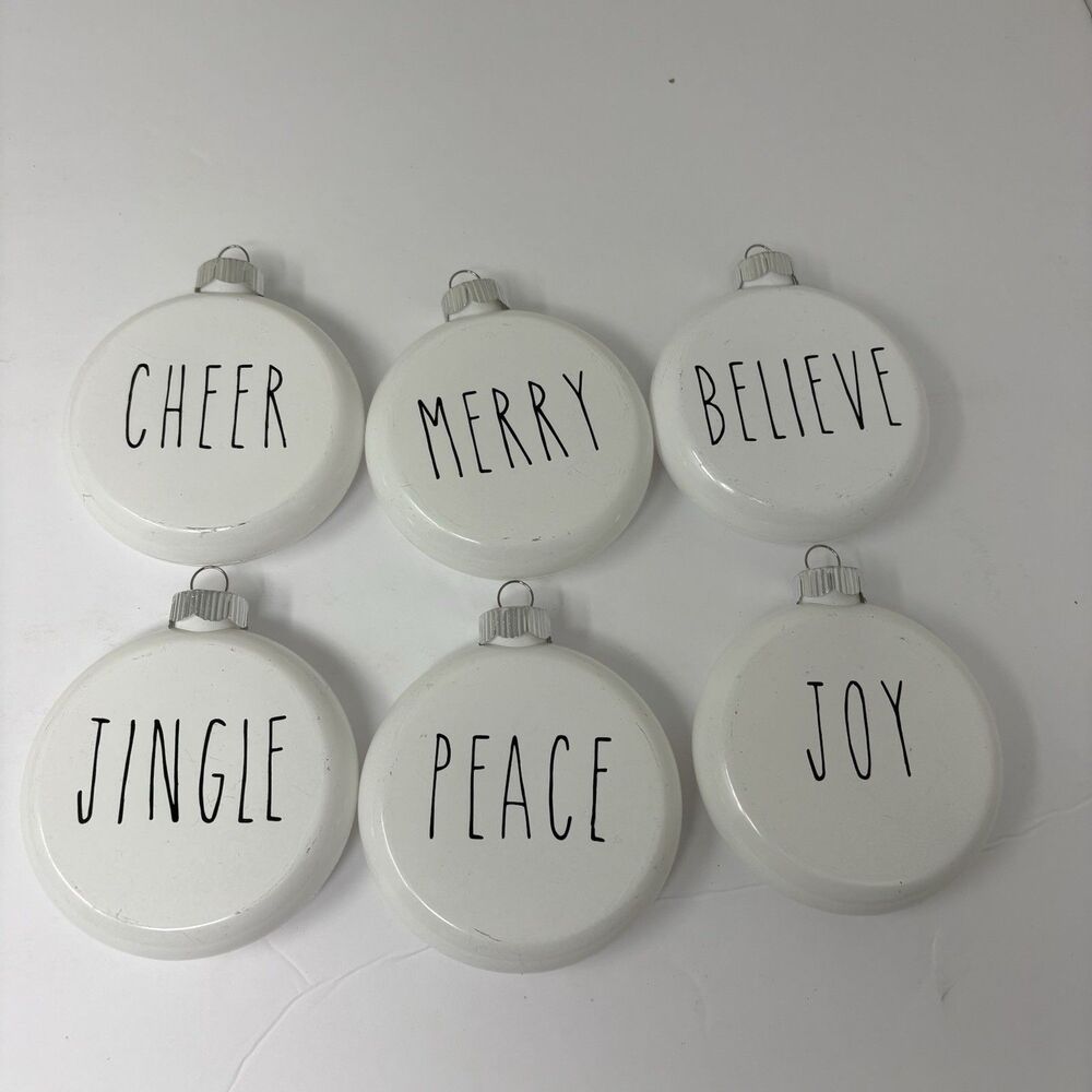 Rae Dunn White Plastic Shatterproof Disc Christmas Ornaments Lot of 6